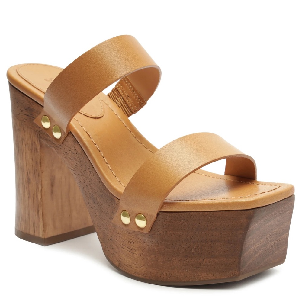 NIB SCHUTZ Pixie block heel square wedge sandal in caramel leather brown sz 7.5